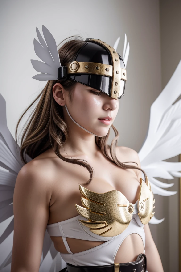 best quality, intricate details,
1girl,  Angewomon, winged helmet, helmet over eyes, helmet on, covered eyes,white multiple wings, white wings, pink hagoromo, single glove, strapless,white bodysuit, gold strapless bra, black belt, two belts. 16k RAW photography, 