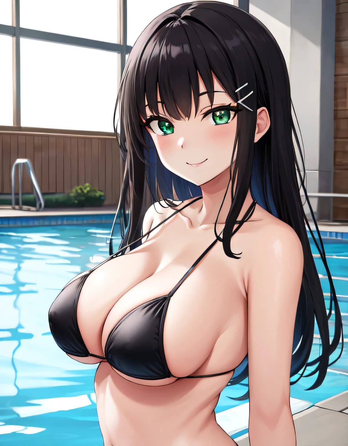 (large breasts:1.5),(shiny,hair),((solo)),((masterpiece)),((best quality)),perfect anatomy,slim waist,perfect image,8k UHD,(beautiful detailed eyes:1.5),extremely detailed face,standing,(upper body:1.3),(look at the front:1.5),arms behindback,ultra-detailed,absurdres,highres,dia kurosawa,black hair,(green eyes:1.5),blunt bangs,hair ornament,hairclip,long hair,indoor pool,deep cleavage,smile,(Black micro bikini),