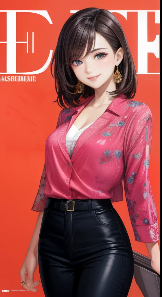 On the cover of a fashion magazine, a female model with a bright smile stands before a background of vivid colors.
BREAK
Her style is sophisticated, wearing a vibrant colored outfit that radiates confidence and positive energy.
BREAK
She strikes a natural pose, engaging the reader's gaze.
.