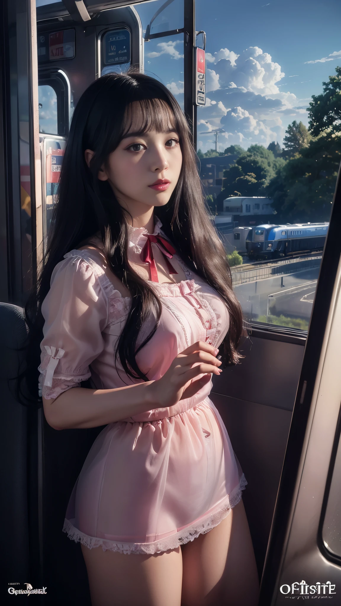 magenta tint、vibrant with colors、((tmasterpiece)))、(((quality)))、((ultra - detailed))、(Surreal)、(black transparent, lace panties),(Very detailed CG illustration)、offcial art、CD cover、It will be、midsummer、The glorious 1980s、1 Sister,ssmile、cochetti gorgeous、incomparable beauty、long whitr hair,short blouse,Superskirt、perfect angle、Perfectcomposition、corner store,(evening,trains station,trains,Cloud),