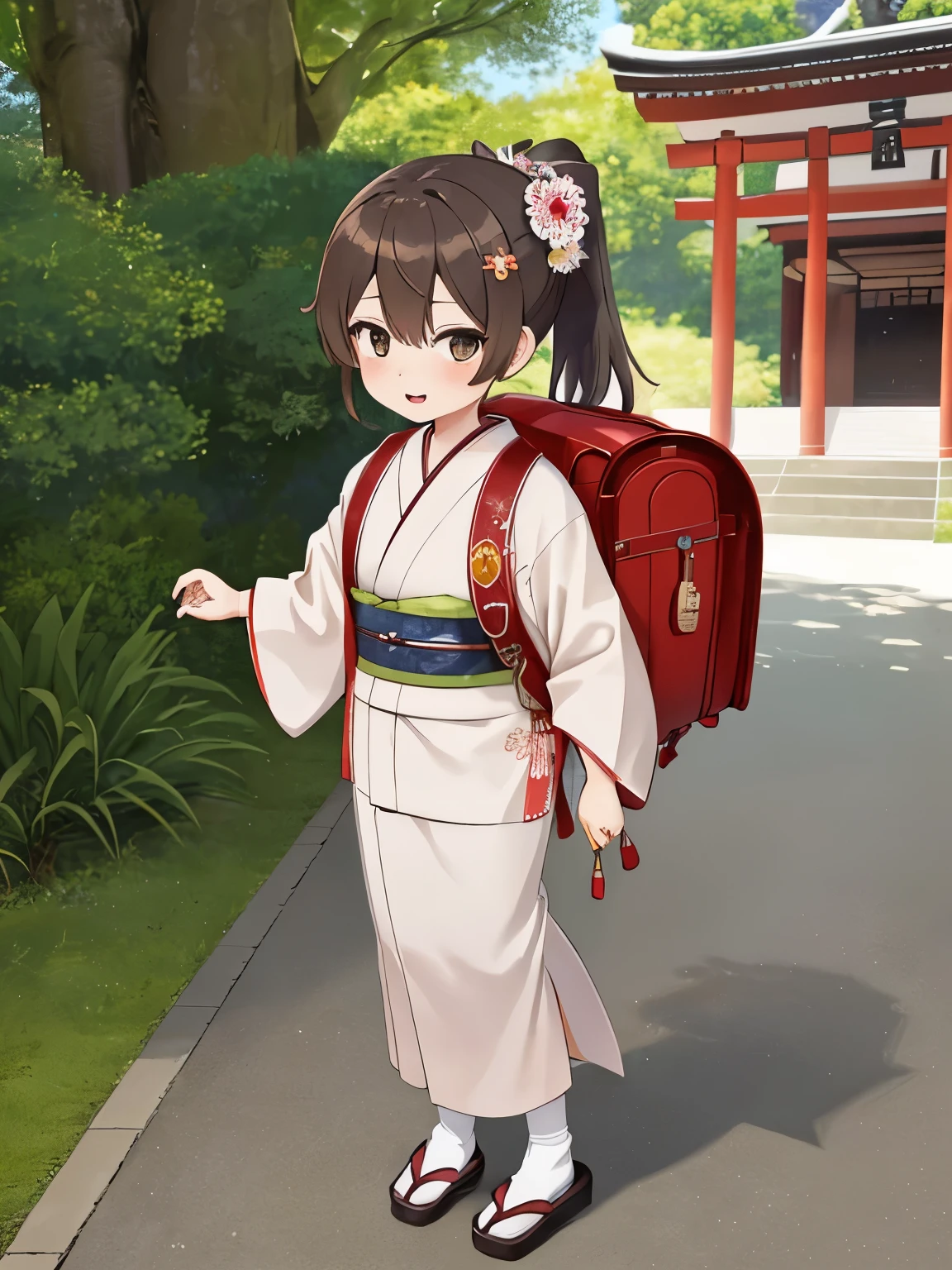 Masterpiecd, hd, , Portrait, Best Quality, High resolution, 1girl, brown hair, ponytail, hair ornaments, hair ribbon, carrying a school backpack、(school backpack:1.1), Wearing a Japanese kimono at a summer festival at a shrine, (kimono:1.1), outdoor, standing, full body