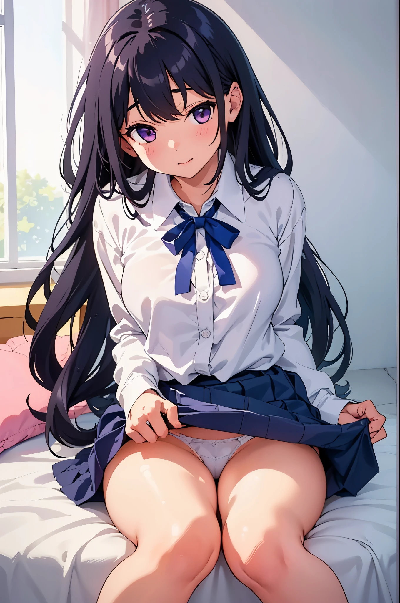 girl's room elementary school girl 8-year-old flat chest black hair long hair eyes are purple ((1 person)) Upper body white long sleeve blouse Lower body navy blue miniskirt lift up the skirt((White panties are visible)) barefoot She is sitting on the bed and lifting her skirt I can see white panties dynamic angle Low angle from the front
