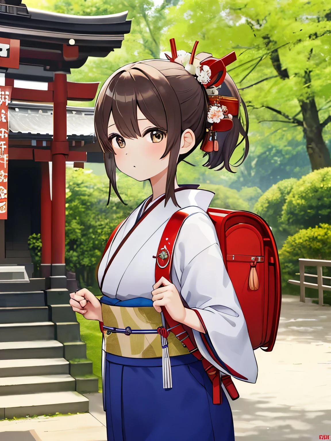 Masterpiecd, hd, , Portrait, Best Quality, High resolution, 1girl, brown hair, ponytail, hair ornaments, hair ribbon, carrying a school backpack、(school backpack:1.1), Wearing a Japanese kimono at a summer festival at a shrine, (kimono:1.1), outdoor, standing