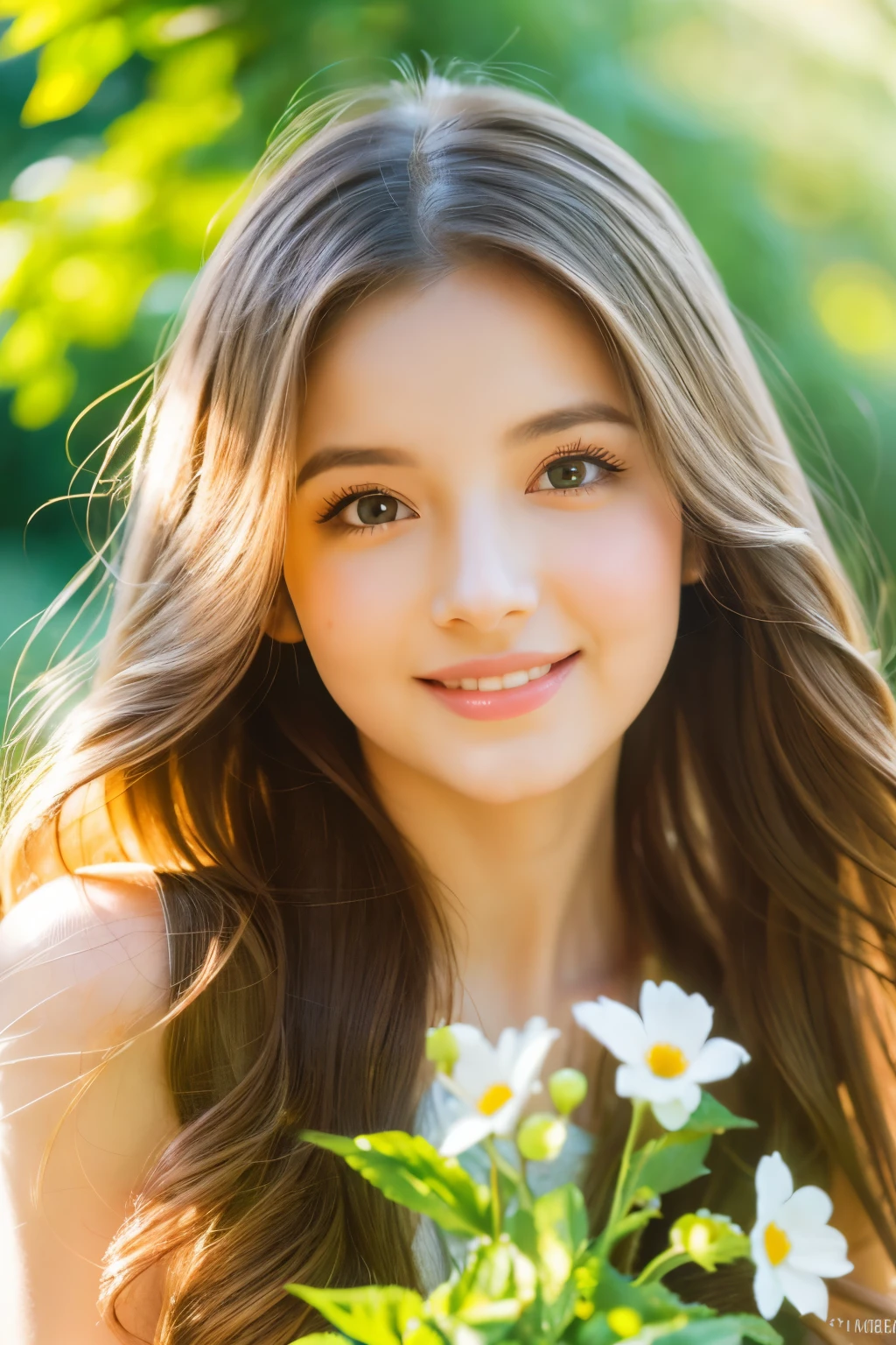 best quality,4k,8k,highres,masterpiece:1.2,vivid colors,portraits,A girl in a garden,beautiful detailed eyes,beautiful detailed lips,extremely detailed eyes and face,long eyelashes,soft and flowing hair,natural and glowing skin,lovely smile,fluttering summer dress,freshly bloomed flowers,green grass and trees,warm sunlight,playful pose,serene atmosphere,soft color palette,subtle lighting effects
