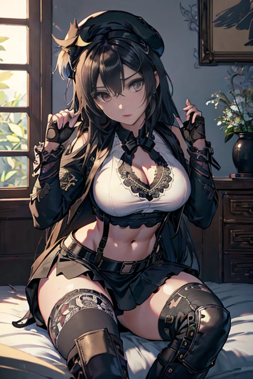 ubel,dark green hair,long hair,side ponytail,hair between eyes,bangs,  (beret, black jacket, open clothes, cleavage, midriff, (Make the subject look three-dimensional with the contrast of light and shadow),Cute and beautiful 22yo girl,(masterpiece:1.2), best quality, high resolution, unity 8k wallpaper, (illustration:0.8), (beautiful detailed eyes:1.6), extremely detailed face, perfect lighting, extremely detailed CG, (perfect hands, perfect anatomy),(brown eyes: 1.1),Brown hair,watching at viewers,black suspenders,(Bulging ,big breasts:1.1),tacticul jacet,Black miniskirt,garters,Gaze,Small face,bangss,holster,Belt Armament,Beautuful Women　srestrained,hands up,sitting Lying in bed,Leg holster ,Gaze,black boots,panty shot, extremely detailed face, perfect lighting, extremely detailed CG,