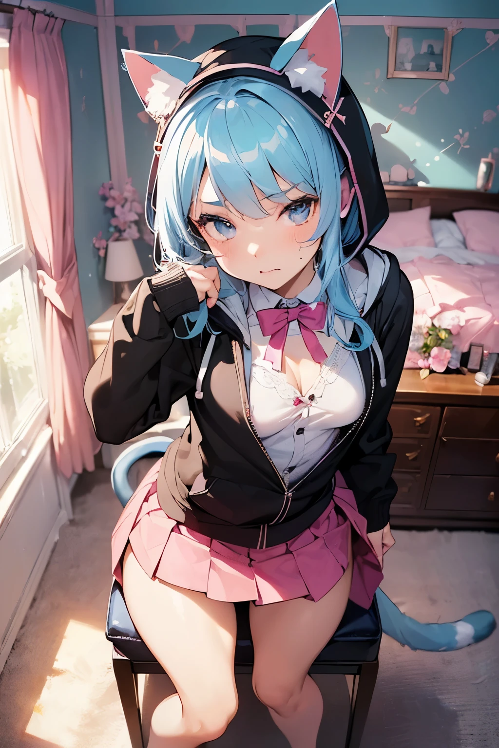 1 girl, , UHD, retina, masterpiece, Accurate, anatomically correct, rough skin, Super detailed, advanced details, high quality, Award history, 最high quality, High resolution, hd, 4k,(anime,8K,masterpiece, 最high quality, 最high quality,beautiful and aesthetic:1.2,professional illustration:1.1,Super detailed:1.3,perfect lighting),very detailed,most detailed,High resolution,cute pose,embarrassing,light blue hair,(girl'my room:1.9),(Wear a uniform inside:1.5),(school uniform:1.5),black hoodie,(Hoodie with cat ear hood:1.5),(open clothes:1.5),(cute room:1.9),pink wallpaper,stuffed toy,(bed:1.5),(indoor),(かわいいgirlの部屋:1.4),(modern and sophisticated furniture:1.2),(plush velvet chair and ottoman:1.4),(elegant curtains and window treatments:1.2),(Designer clothing:1.4),(Instagrammable fashion photo corner:1.2),(unique framed statement mirror:1.4),
(fashion runway style rug:1.2),(A customized closet filled with trendy clothes:1.2),(gorgeous dressing table:1.2),(fashion magazine:1.2),
(cute decoration:1.4),(chic lighting fixtures:1.4),(cozy and stylish bedding:1.4),(vanity table:1.4),(Specialized area for fashion accessories:1.3),(high end accessories:1.2),(fashion sketch and design book:1.2),(Plenty of storage for shoes and accessories:1.2), (wariza:1.5),(barefoot:1.5),(underless:1.5)