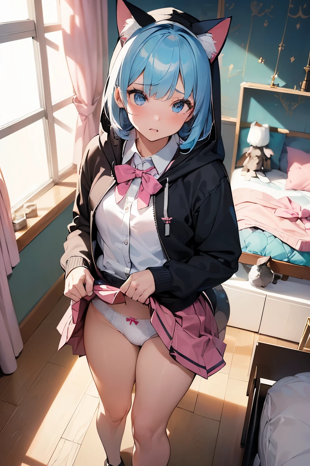 1 girl, , UHD, retina, masterpiece, Accurate, anatomically correct, rough skin, Super detailed, advanced details, high quality, Award history, 最high quality, High resolution, hd, 4k,(anime,8K,masterpiece, 最high quality, 最high quality,beautiful and aesthetic:1.2,professional illustration:1.1,Super detailed:1.3,perfect lighting),very detailed,most detailed,High resolution,cute pose,embarrassing,light blue hair,(girl's room:1.9),(wear a uniform inside:1.5),(school uniform:1.5),black hoodie,(Hoodie with cat ear hood:1.5),(open clothes:1.5),(pink wallpaper:1.2),(face in focus:1.5),(cowboy shot:1.5),(From above:1.5),(Indoor),(Cute Girl's Room:1.4),(Modern and Sophisticated Furniture:1.2),(Plush Velvet Chair and Ottoman:1.4),(Elegant Curtains and Window Treatments:1.2),(Designer clothing:1.4),(Instagrammable corner for fashion photos:1.2),(Unique Framed Statement Mirror:1.4),
(fashion runway style rug:1.2),(customized closet with trendy clothes:1.2),(glamorous dressing table:1.2),(Fashion magazines:1.2),
(Kawaii decorations:1.4),(chic light fixture:1.4),(cozy and stylish bedding:1.4),(Makeup vanity:1.4),(A dedicated area for fashion accessories:1.3),(High-end accessories:1.2),(Fashion sketches and design books:1.2),(Plenty of storage for shoes and accessories:1.2), (skirt lift:1.9),(white underwear:1.5),(wince:1.9),{best quality}, {very aesthetic}, {ultra-detailed}, {best illustration}, nsfw, girl, locker room, undressing, pull down pantie, skirt, vagina