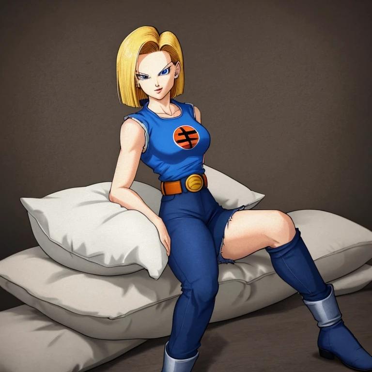 Android 18 sitting on my pillows