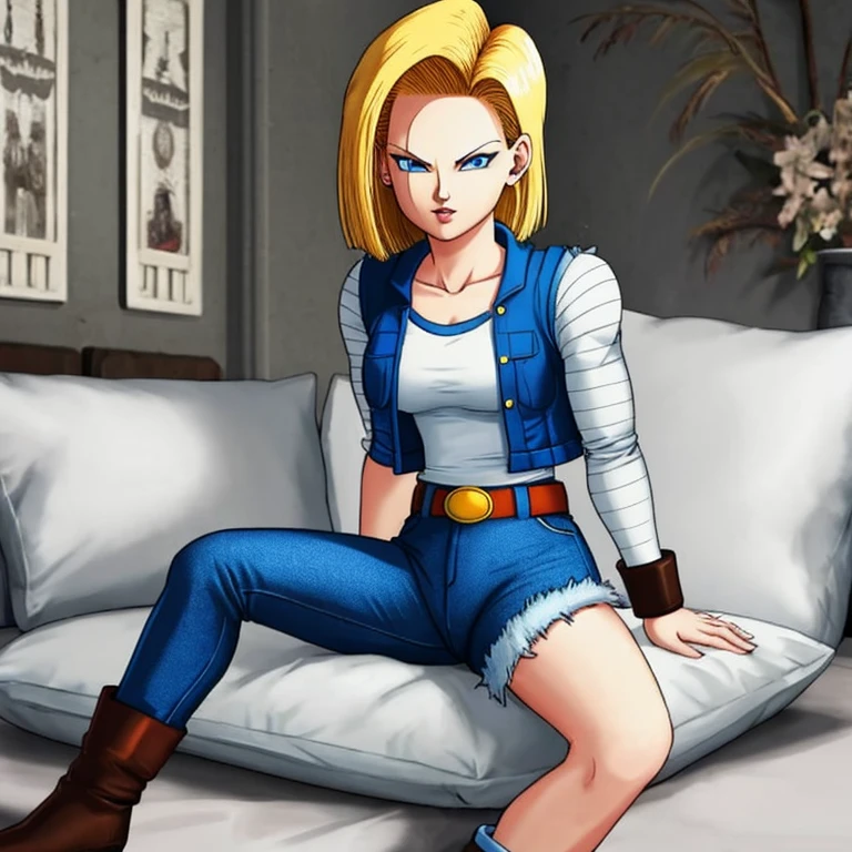 Android 18 sitting on my pillows