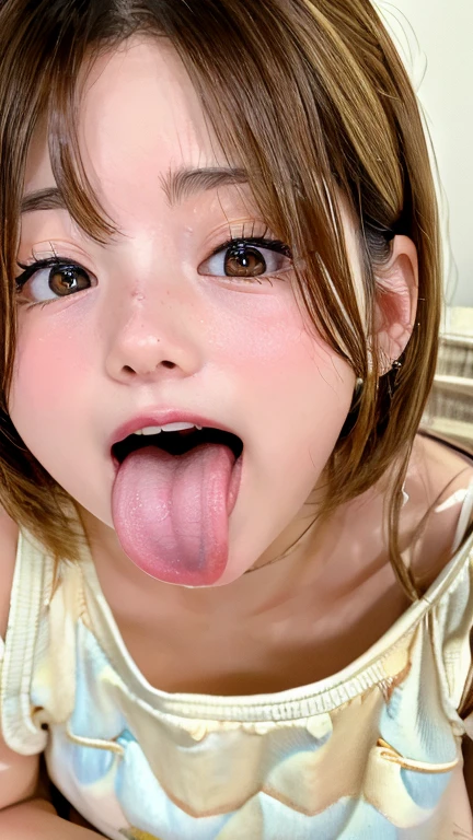 (nsfw:1.8), ultra detailed ,photorealistic, 1girl, (short-haired), cute Japanese woman, ultra-detailed, The eyes are round and wide open, (both pupils each tilted inward.), (tongue protruding to the limit.), Flushed cheeks., naked apron