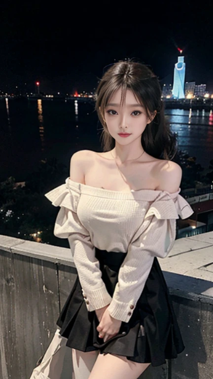 A beautiful Chinese girl wearing an off-shoulder white sweater dress and black pantyhose,Height 160,Weight 45kg,Perfect body,fairer complexion,Oval face,Deep facial features,Long brown hair,A confident smile,A little blush on face,light pink eyeshadow,night time，Posing against the railing on the observation deck,Realistic style,masterpiece