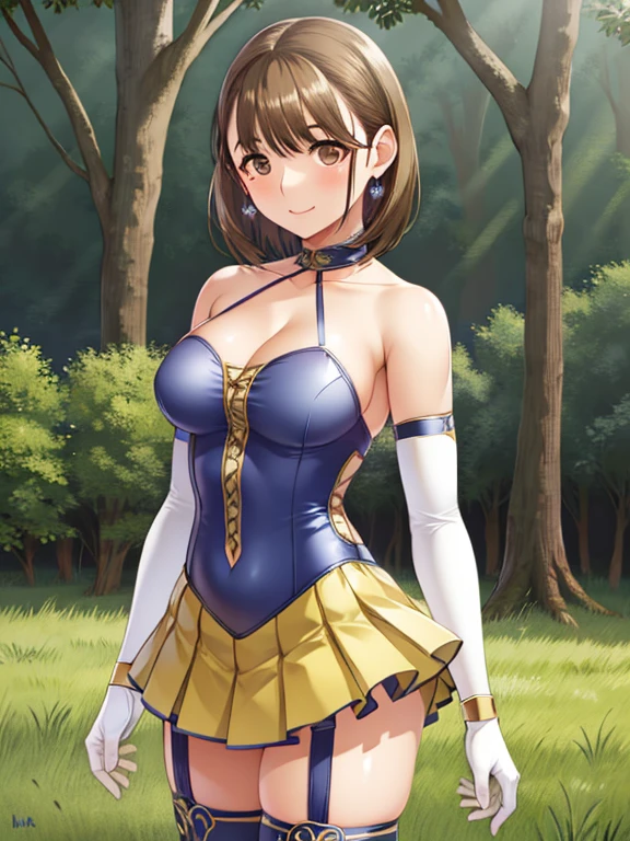 masterpiece, highest quality, detailed face, fine eyes, High resolution,detailed eyes:1.5. Alone, standing with a smile,((short hair、short hair))、shiny chestnut hair、brown eyes、
 ((blue leotard、BREAK yellow micro skirt))、white_elbow_gloves_white_Thighhighs_garter_strap_bracelet、
 
 forest、grassland、square