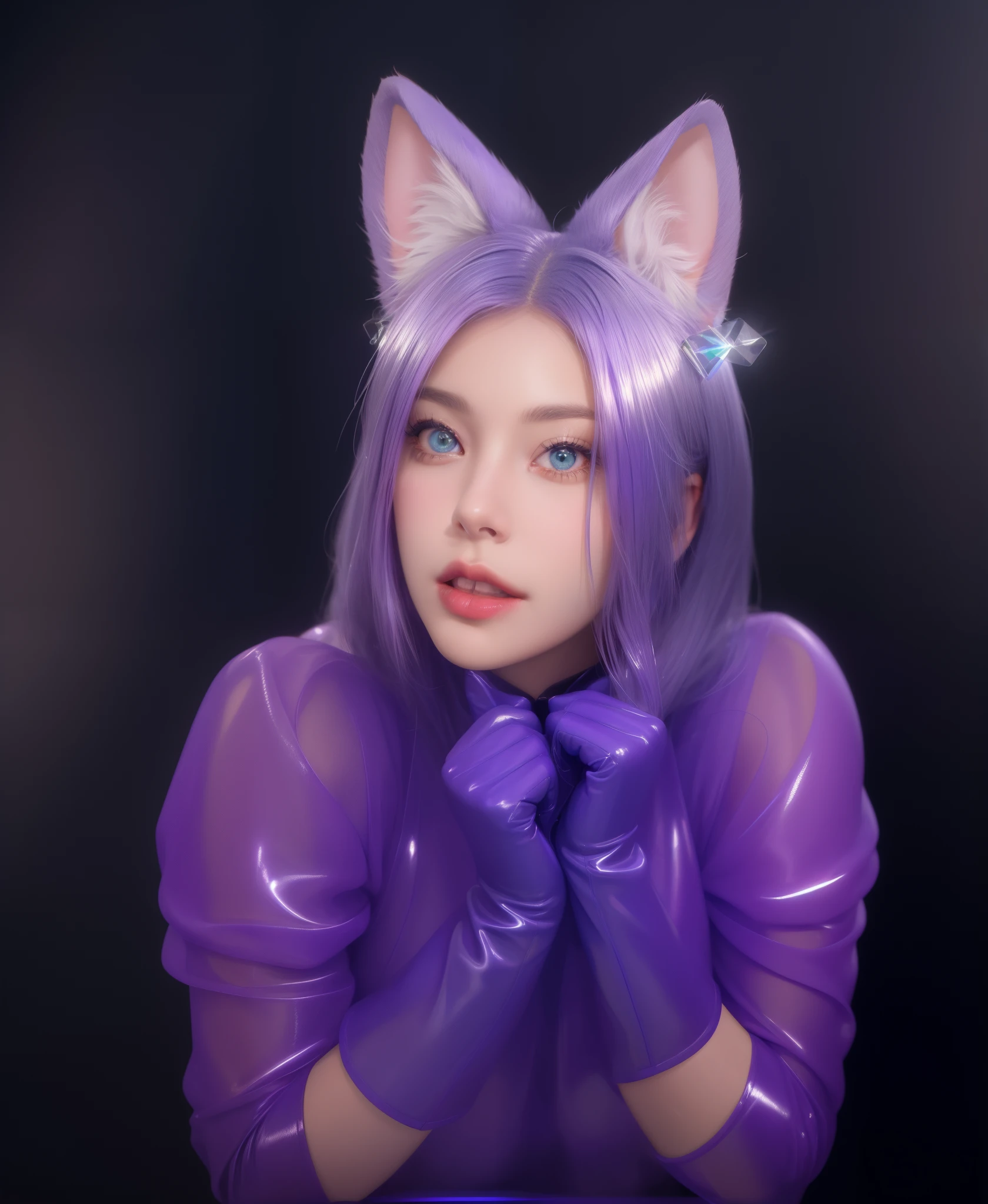 purple haired girl with purple gloves and a purple cat costume, purple cat, she is scared, headshot of young female furry, woman with cat ears, girl with cat ears, beautiful young catgirl, anime cosplay, purple metal ears, cosplay photo, glossy texture, smooth 3d model, multiple light sources, rim light, sharp post effects render, (glossy plastic texture with multiple big light probe refractions), perfect cgi, smooth silhouette, high intensity refraction, (super glossy material), most beautiful vfx, blue background, plastic refractions, realistic, 4k, high resolution, rim light, photo shoot, commercial photo, profile shot, 4k, rim light, high resolution, 4k, glossy texture, smooth 3d model, multiple light sources, rim light, sharp post effects render, (glossy metallic texture with multiple big light probe refractions), perfect cgi, cgi art created only with gradients, smooth silhouette, high intensity refraction, (super glossy chrome material), most beautiful vfx, blue background, chrome metal refractions, multiple light sources, rim light, sharp post effects render, perfect cgi, digital art, detailed digital art, reflective, best quality, 4k, masterpiece:1.2, ultra-detailed, realistic, vivid colors, dark and moody lighting, The image of the highest quality, ensuring every detail showcased perfectly. It in 4k resolution, allowing viewers to immerse themselves in the richness of the colors and intricate details. The realistic rendering. under the spotlight, reflecting, high-resolution image, realistic rendering, dark background, and rim light photorealistic