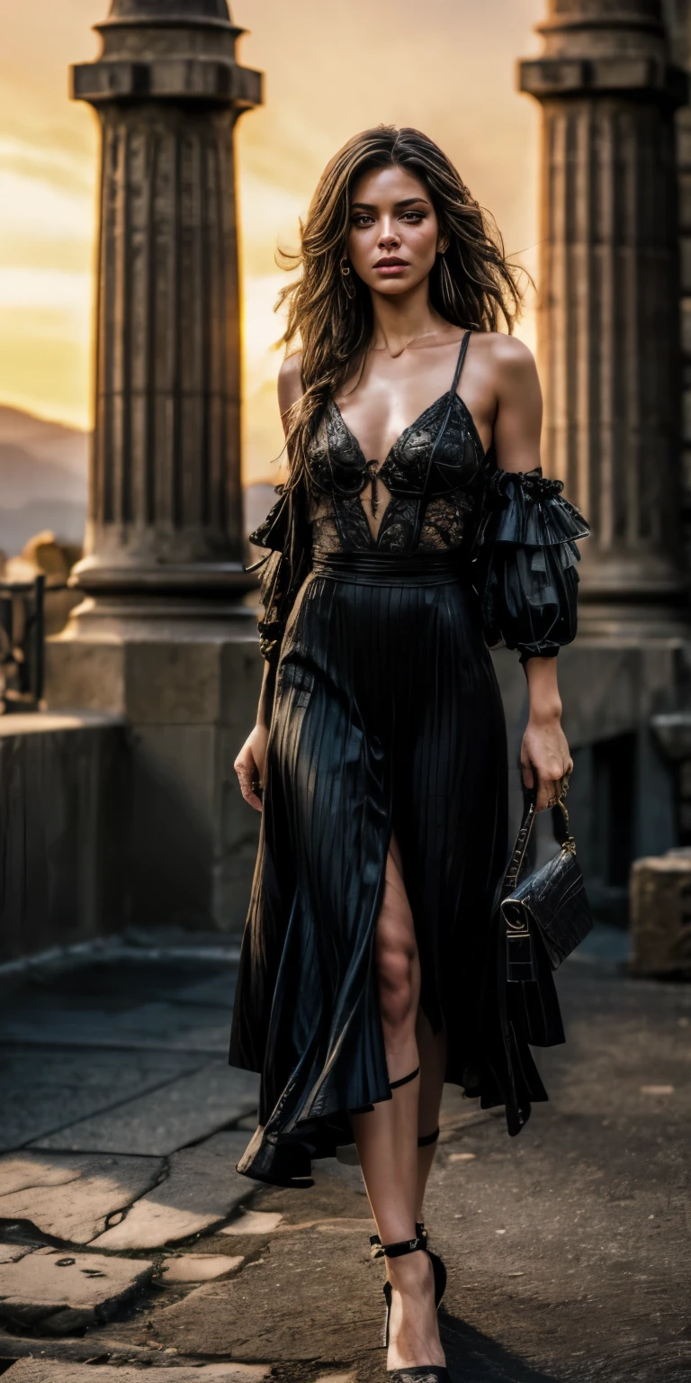 Yennefer, full body, long_hair, amazing hair, gorgeous, city girl, cleavage, western, black dress, hot girl, santorini, sunny beach, makeup, (masterpiece), best quality, high resolution, extremely detailed, blurred background, depth of field, cinematic lighting.