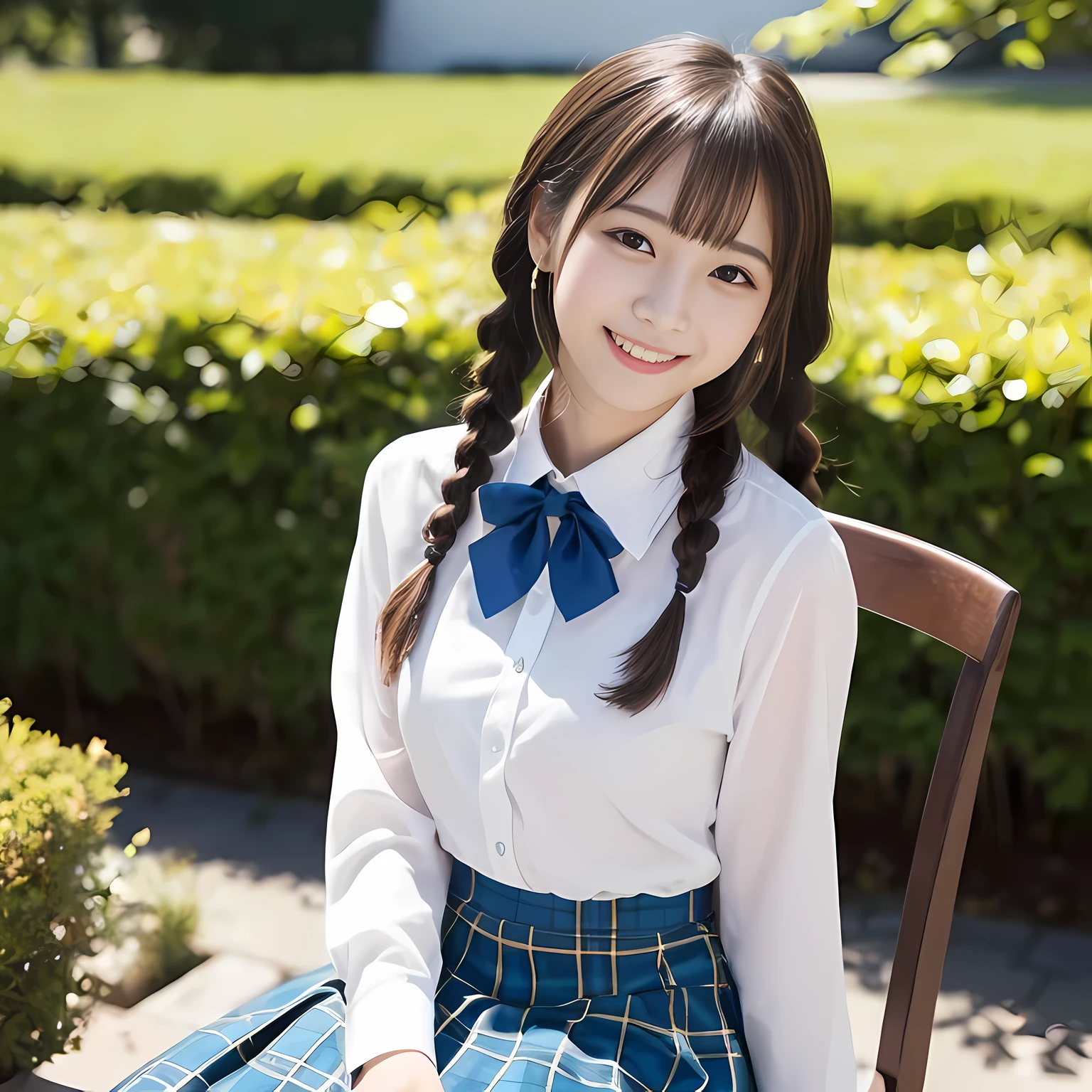 (highest quality、masterpiece:1.2)、highest quality、realistic、photograph、High resolution、1080p、8K、Pale, rough skin、The face is especially pale., physical rendering、Height: 148cm, one Japanese girl、A Japanese junior high school student sitting on a chair in a flower field、cute japanese girl, 14 years old, , (((big very detailed beautiful dark brown eyes))), ((blue girly large wine-red glossy polyester Japanese school ribbon bow tie)), ((((very beautiful long braids hair)))), ((((deep blue colored tartan checkered formal long pleated pleated skirt)))), ((Shiny beige blouse)), (((Looking at the viewers with loving eyes, smiling))), Very fun, (((Very happy))), mouth is open, The big skirt is very cute, detailed fingers, modest chest, ((curled bangs)), so beautiful, long eyelashes, ((Very big and very very very cute eyes of a Japanese girl)), ((large pupils)), double eyelids, The entire skirt is photographed, Very cute face, thin eyebrows, ((drooping eyes)), ((long eyelashes)), maximum smile, ((The pure white light hits my face from the front, making my eyes sparkle.)), (((((A clean and intelligent appearance))))), hands on chest, shot from the side