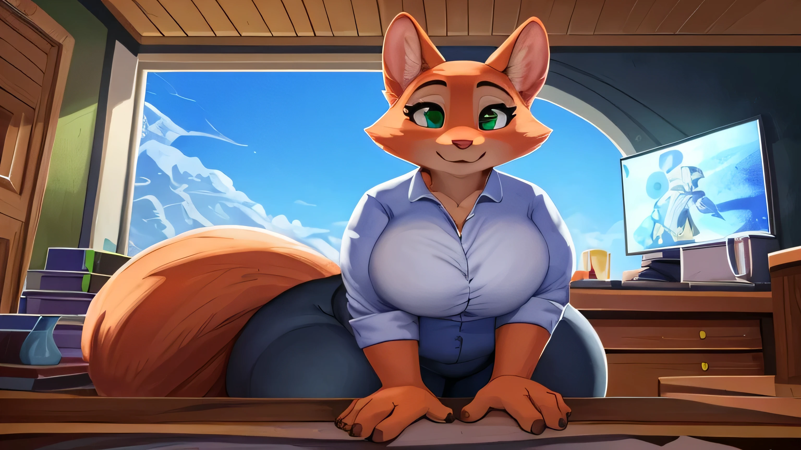 [Diane Foxington], [Carregado para e621.liquid; (raposa), (Pixelsketcher), (W4G4)], [Carregado para .com; (@arte)], ((obra de arte)), ((High definition)), ((alta qualidade)), ((retrato solo)) ((vista frontal)), ((peludo; antropo raposa girl)), ((pele detalhada)), ((sombreamento detalhado)), ((beautiful rendering art)), {antropo raposa; (Figura esbelta), pelo laranja, nariz rosa, cauda de raposa, (lindos olhos semicerrados gradientes verdes), (quadris lindos), (lindas patas), (garras negras), (suando), (suor no rosto), (sorriso Maroto), (dente branco)}, {(Wet white button-down shirt), (Camisa suada), (tight gray pants), (piercing nos olhos; Olho esquerdo)}, {(encostado na mesa), (curvando-se), (olhando para o espectador)}, [fundo; (desk), (janela), (blue sky), (ambient lighting)], obese, very wide thighs, fat thighs, big breasts, massive ass, fat arms, green eyes