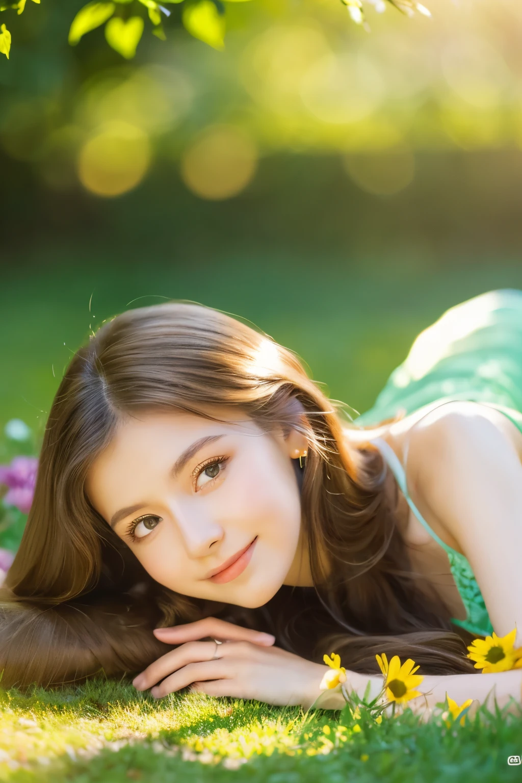 best quality,4k,8k,highres,masterpiece:1.2,vivid colors,portraits,A girl in a garden,beautiful detailed eyes,beautiful detailed lips,extremely detailed eyes and face,long eyelashes,soft and flowing hair,natural and glowing skin,lovely smile,fluttering summer dress,freshly bloomed flowers,green grass and trees,warm sunlight,playful pose,serene atmosphere,soft color palette,subtle lighting effects
