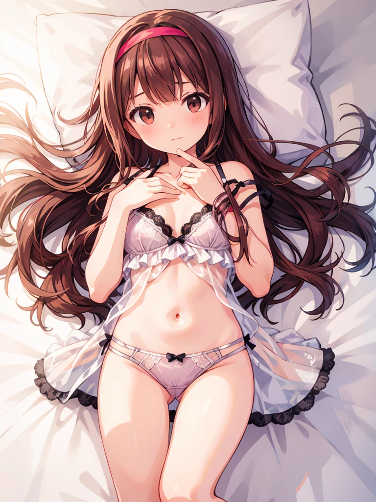 masterpiece, beautiful illustrations, highest quality, pretty girl, 1girl, Bedroom, pastel colour, (two-separated lingerie), cute lingerie, reddish brown long hair, headband, bright lighting, presenting, looking at viewer, on bed, embarrassed