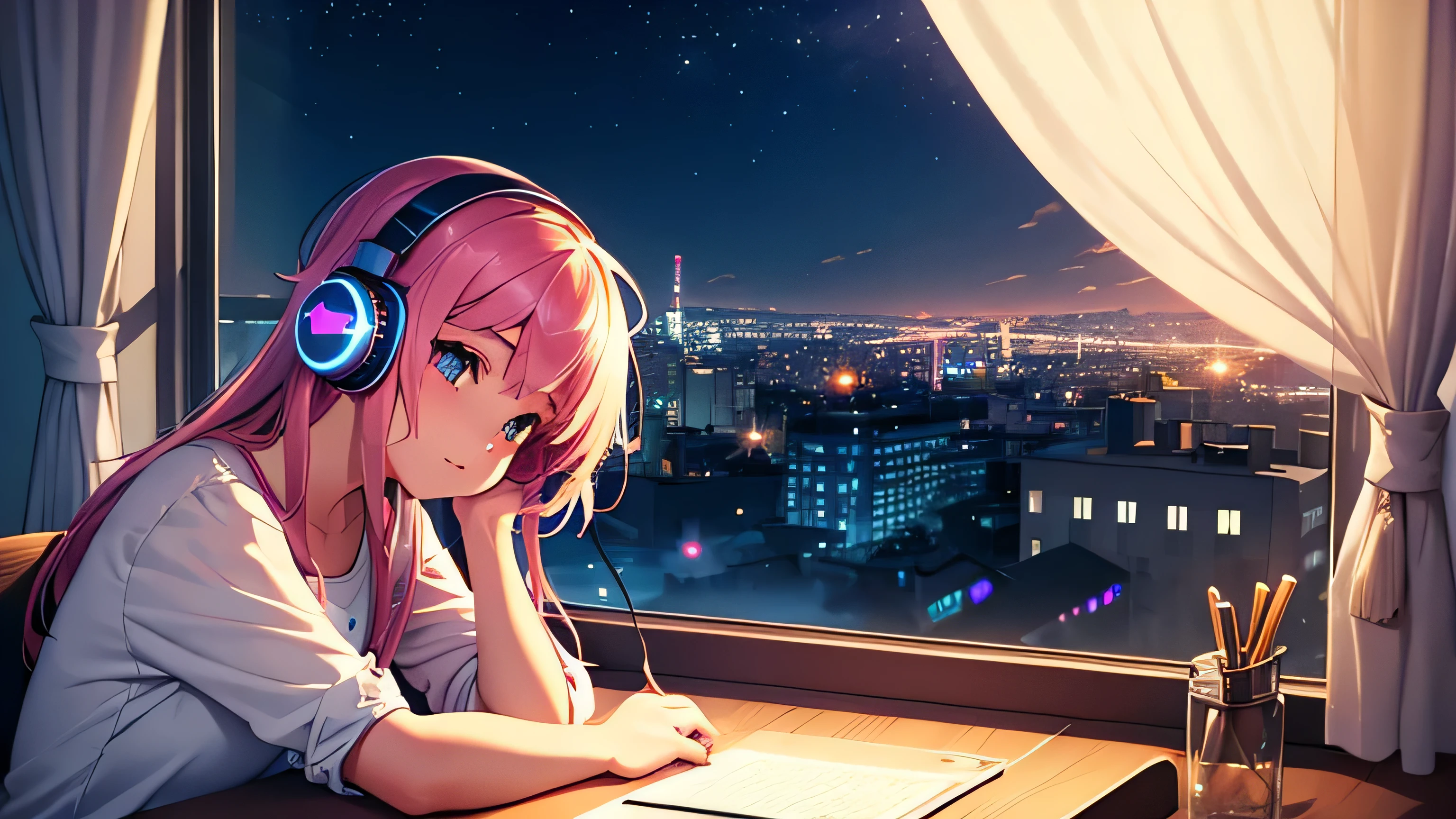 A beautiful girl wearing headphones is resting her chin on a desk and looking at the night view from the window City Pop Style