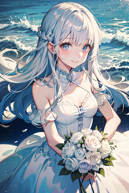 white、Ocean、droopy eyes、Brown eyeballs on face、smile、23 year old female、woman wearing one piece、long hair girl、((long hair girl))、Girl with bangs、detailed face、clean face、((best image quality))、mole、bouquet、bride、Mermaid Dress.silver hair、light blue eyes、heroine、blush