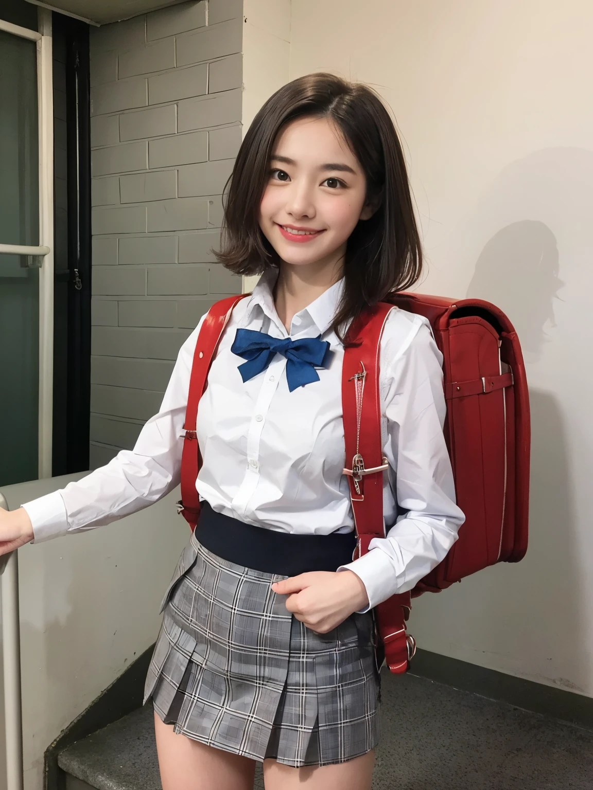 Masterpiece, realistic, hd, 18 year old female high school girl standing on the stairs of school,white collared shirt, blue bowtie, blue skirt, uniform ,best smile,white panties:1.5,blonde with short cut:1.5,Side waves with a short cut,Carrying a backpack, (backpack:1.2)