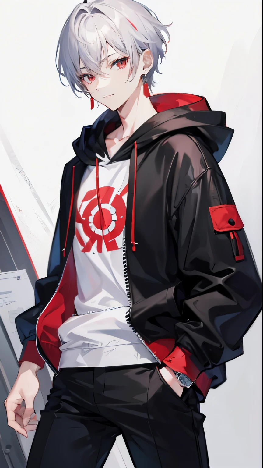 High resolution, 2D anime style,,cool men,red eyes,short hair,silver hair,Fashion wearing a hoodie,Beautiful watch,beautiful earrings,he is smiling a little,