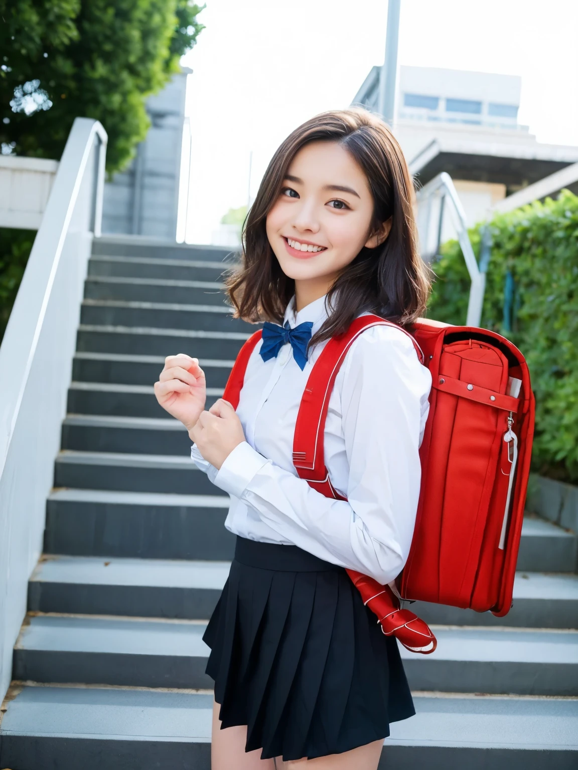 Masterpiece, realistic, hd, 18 year old female high school girl standing on the stairs of school,white collared shirt, blue bowtie, blue  skirt, uniform ,best smile,white panties:1.5，blonde with short cut:1.5，Side waves with a short cut，Carrying a backpack, (backpack:1.2)