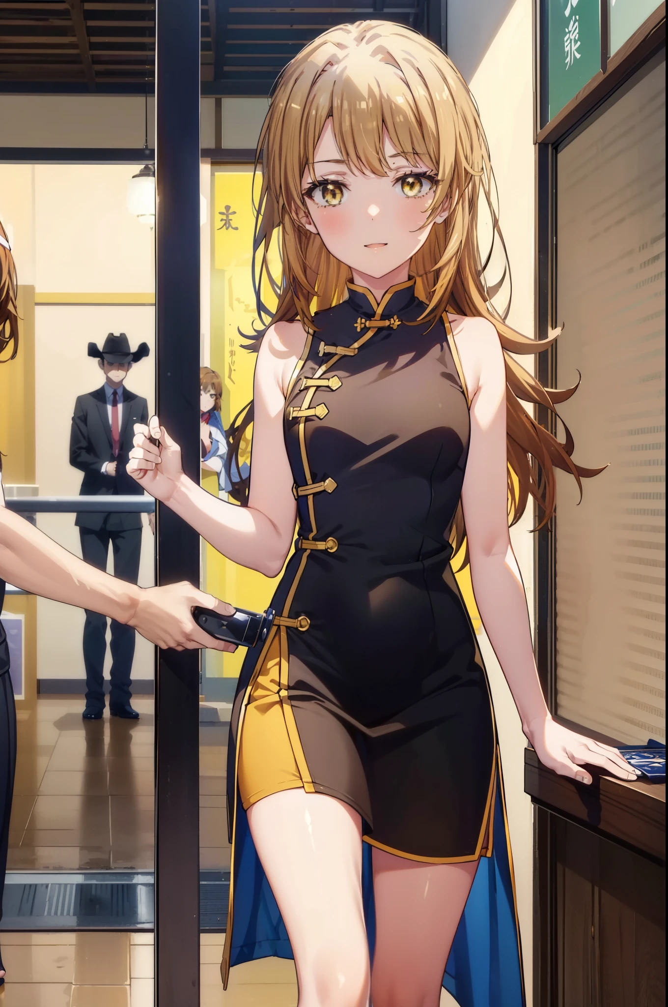 irohaisshiki, iroha isshiki, long hair,brown hair,,(brown eyes:1.5), happy smile, smile, open your mouth,bare arms,yellow cheongsam clothes,Yellow long slit,black pantyhose,stiletto heels,whole bodyがイラストに入るように,
break indoors, Chinese Restaurant,
break looking at viewer,whole body,(cowboy shot:1.5),
break (masterpiece:1.2), highest quality, High resolution, unity 8k wallpaper, (shape:0.8), (fine and beautiful eyes:1.6), highly detailed face, perfect lighting, Very detailed CG, (perfect hands, perfect anatomy),