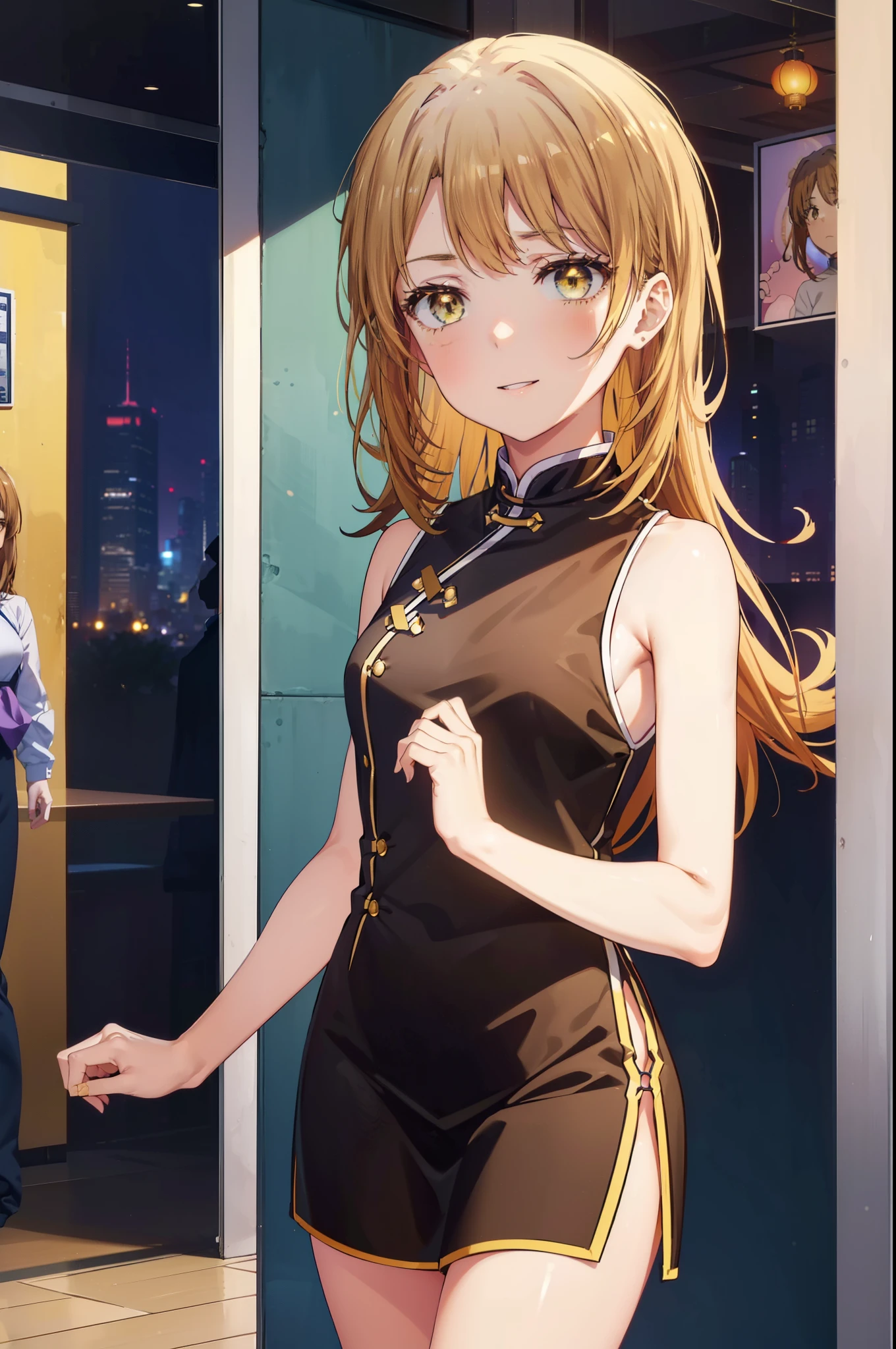 irohaisshiki, iroha isshiki, long hair,brown hair,,(brown eyes:1.5), happy smile, smile, open your mouth,bare arms,yellow cheongsam clothes,Yellow long slit,black pantyhose,stiletto heels,whole bodyがイラストに入るように,
break indoors, Chinese Restaurant,
break looking at viewer,whole body,(cowboy shot:1.5),
break (masterpiece:1.2), highest quality, High resolution, unity 8k wallpaper, (shape:0.8), (fine and beautiful eyes:1.6), highly detailed face, perfect lighting, Very detailed CG, (perfect hands, perfect anatomy),