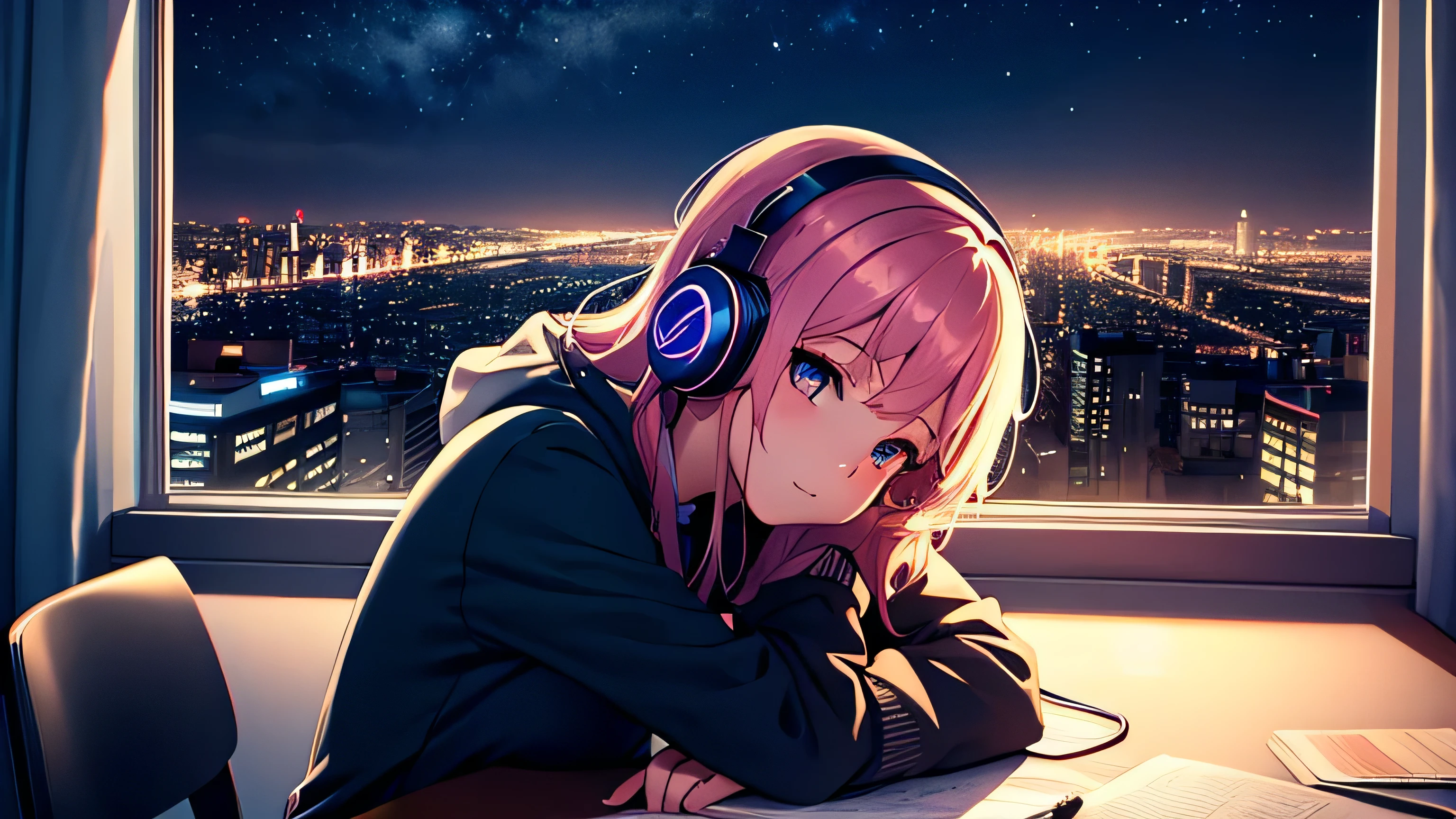 A beautiful girl wearing headphones is resting her chin on a desk and looking at the night view from the window City Pop Style