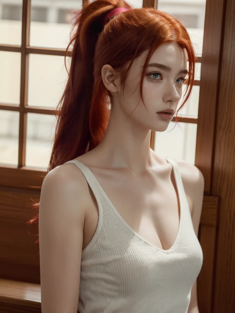 Mature MILF, red hair, ponytail, blue eyes, wearing a short white t-shirt and blue jeans, big and full breasts, ((Hyperrealism)),((high resolution 1.9)),((high quality 1.9)),((high detailed 1.9)),((masterpiece)),(perfect lightings))
