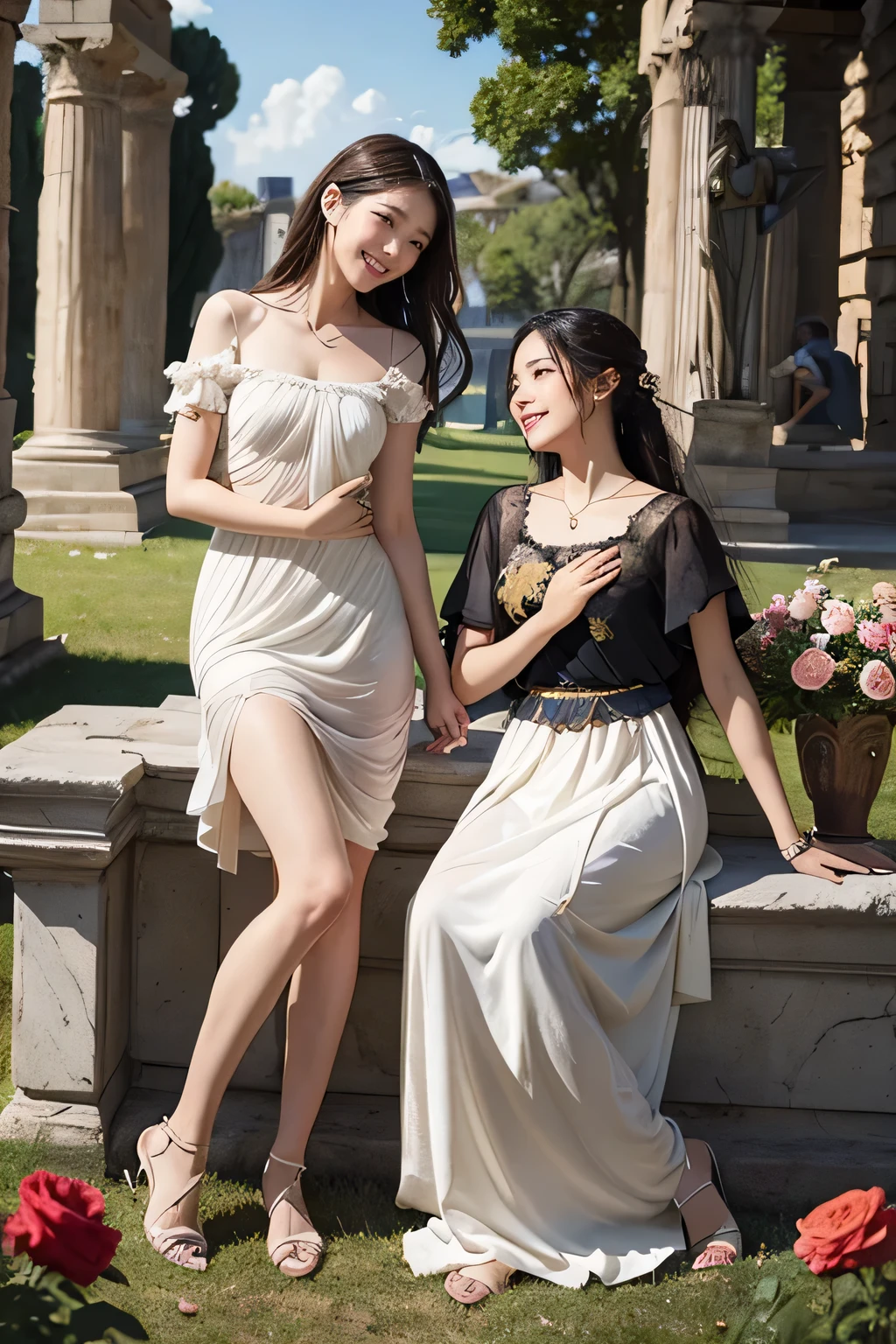full body portrait or statue、Giorgione painting style,Arguments of two female Philosophe,math、astronomical machine、astronaut、roses in vase、fruits、Cute trinkets、smile、ancient greek costume、Ancient Roman landscape in the style of Nicolas Poussin,laughter,,Sweet and seductive appearance.、Caravaggio's paintings、Chiaroscuro of Caravaggio、hair tousled by the wind,Two women frolicking,cute smile, expression of ecstasy,Sexy,erotic