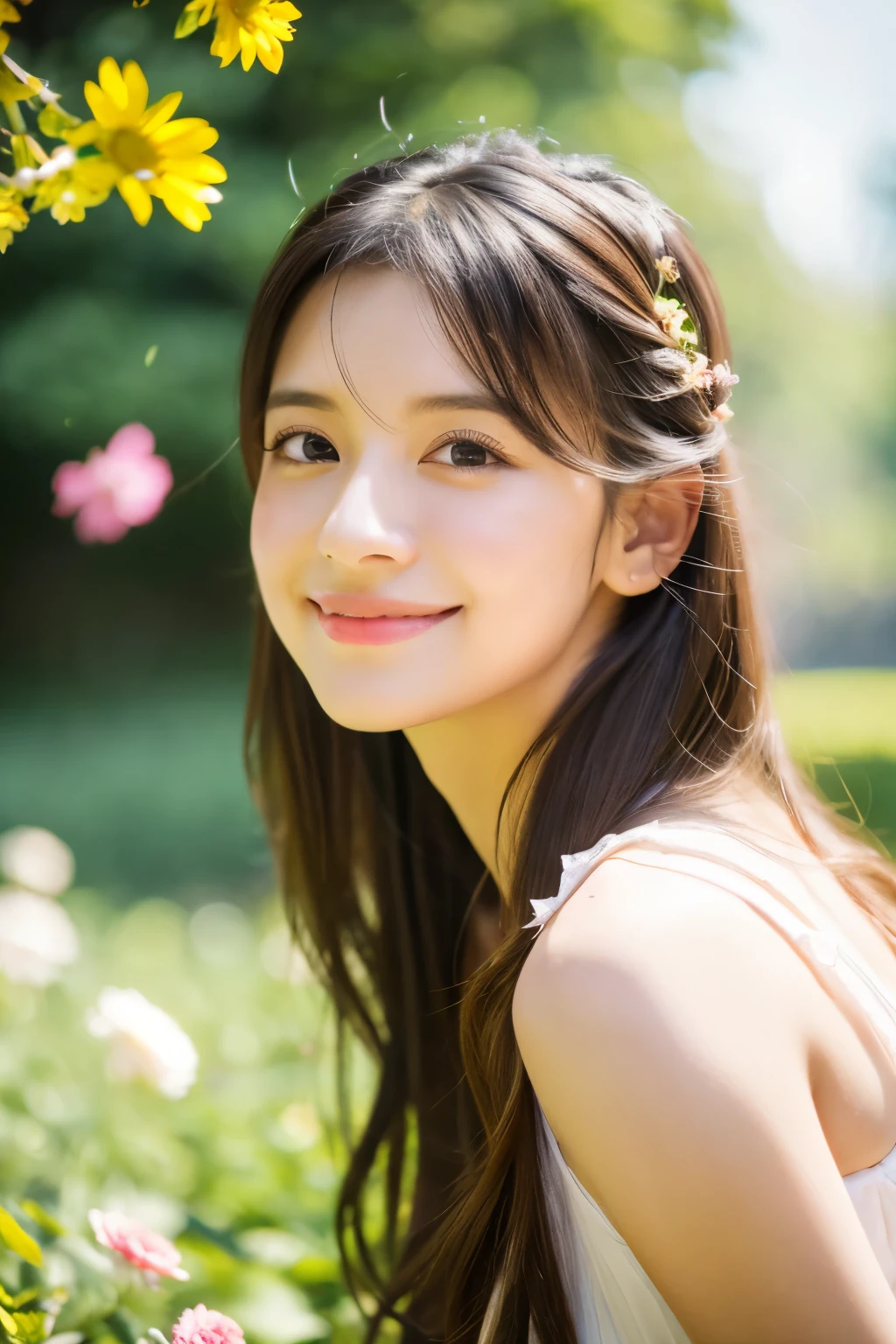 best quality,4k,8k,highres,masterpiece:1.2,vivid colors,portraits,A girl in a garden,beautiful detailed eyes,beautiful detailed lips,extremely detailed eyes and face,long eyelashes,soft and flowing hair,natural and glowing skin,lovely smile,fluttering summer dress,freshly bloomed flowers,green grass and trees,warm sunlight,playful pose,serene atmosphere,soft color palette,subtle lighting effects