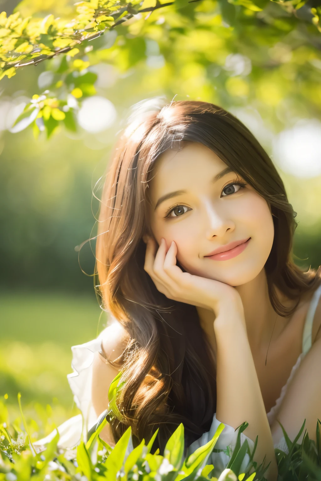 best quality,4k,8k,highres,masterpiece:1.2,vivid colors,portraits,A girl in a garden,beautiful detailed eyes,beautiful detailed lips,extremely detailed eyes and face,long eyelashes,soft and flowing hair,natural and glowing skin,lovely smile,fluttering summer dress,freshly bloomed flowers,green grass and trees,warm sunlight,playful pose,serene atmosphere,soft color palette,subtle lighting effects