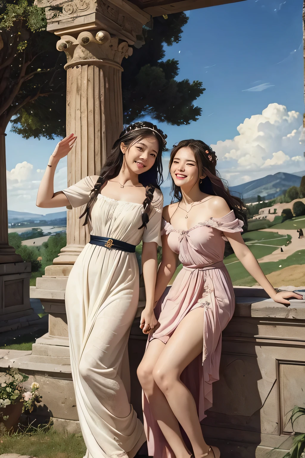 full body portrait or statue、Giorgione painting style,Arguments of two female Philosophe,math、astronomical machine、astronaut、roses in vase、fruits、Cute trinkets、smile、ancient greek costume、Ancient Roman landscape in the style of Nicolas Poussin,laughter,,Sweet and  appearance.、Caravaggio's paintings、Chiaroscuro of Caravaggio、hair tousled by the wind,Two women frolicking,cute smile, expression of ecstasy,Sexy,erotic
