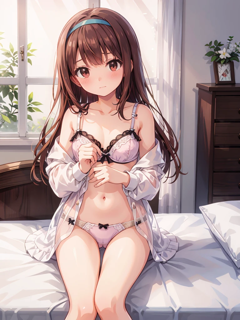 masterpiece, beautiful illustrations, highest quality, pretty girl, 1girl, Bedroom, pastel colour, (two-separated lingerie), cute lingerie, reddish brown long hair, headband, bright lighting, presenting, looking at viewer, on bed, embarrassed