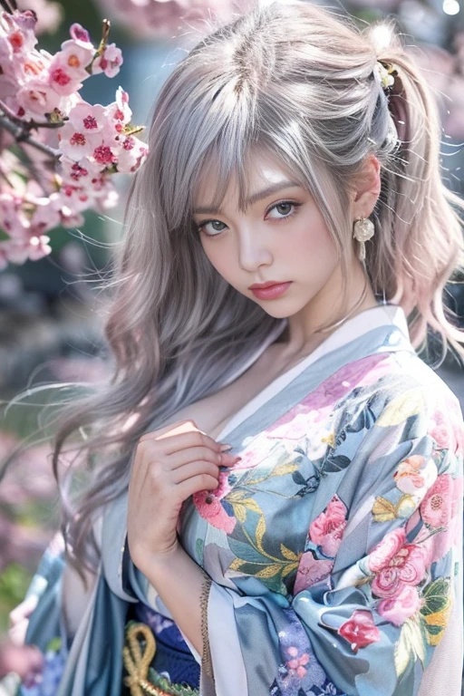 (Beautiful model appearing in Japanese clothing commercial, Beautiful long silver mesh hair swaying in the wind), (alone), ((face is 80% beauty and elegance, 20% pretty and cute:1.5)), (Her roots are in Eastern Europe and Asia), clear eyes, (fine eyes, light brown eyes, bright pupils), double eyelid, (Slightly thick and sexy lips:1.2), Super detailed and incredibly high resolution silver long Kimono, Highly detailed facial texture, impressive body shape, Curvaceous and very attractive woman, (The color of the long kimono is 95% pink and 5% lapis lazuli:1.5), High resolution RAW color photography professional photography, break ultra high-resolution textures, High resolution body rendering, Big eyes, an unparalleled masterpiece, incredible high resolution, Super detailed, stunning ceramic skin, break (Made with plenty of Rinpa silver.、琳派風のshiny redい振袖を着ています。.), (The main color is Rinpa&#39;shiny red.), (丁寧に作られた日本の古典的なshiny redい振袖), ((The embroidery pattern is a Japanese painting style of lapis lazuli birds, cloud, Mountain, river, and flowers)), (A lapis lazuli obi that matches this kimono), ((Delicate and elegant embroidery、shiny redい振袖)), (The background is sparkling silver diamond dust emitted from the moon，Cherry tree:1.5) break ((highest quality, 8K)), sharp focus:1.2, (layer cut, big:1.2), (beautiful woman with perfect figure:1.4), (Beautifully shaped breasts:1.3), thin waist, (correct hand shape:1.5), (full body shot | Rear view)