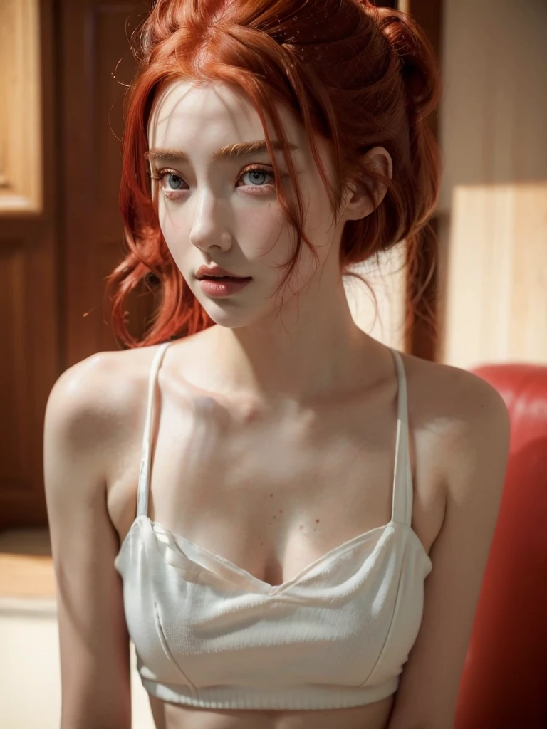 Redhead girl 26 years old, petite, slim, dark red lips, feckless face, photorealistic, close lol straight into eyes, long hair