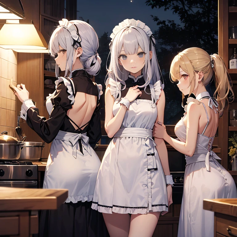A group of maids, (in kitchen), various hair styles, harem, wearing maid uniform, night, details face, , short skirt, seducing, sleeveless , night, starry night