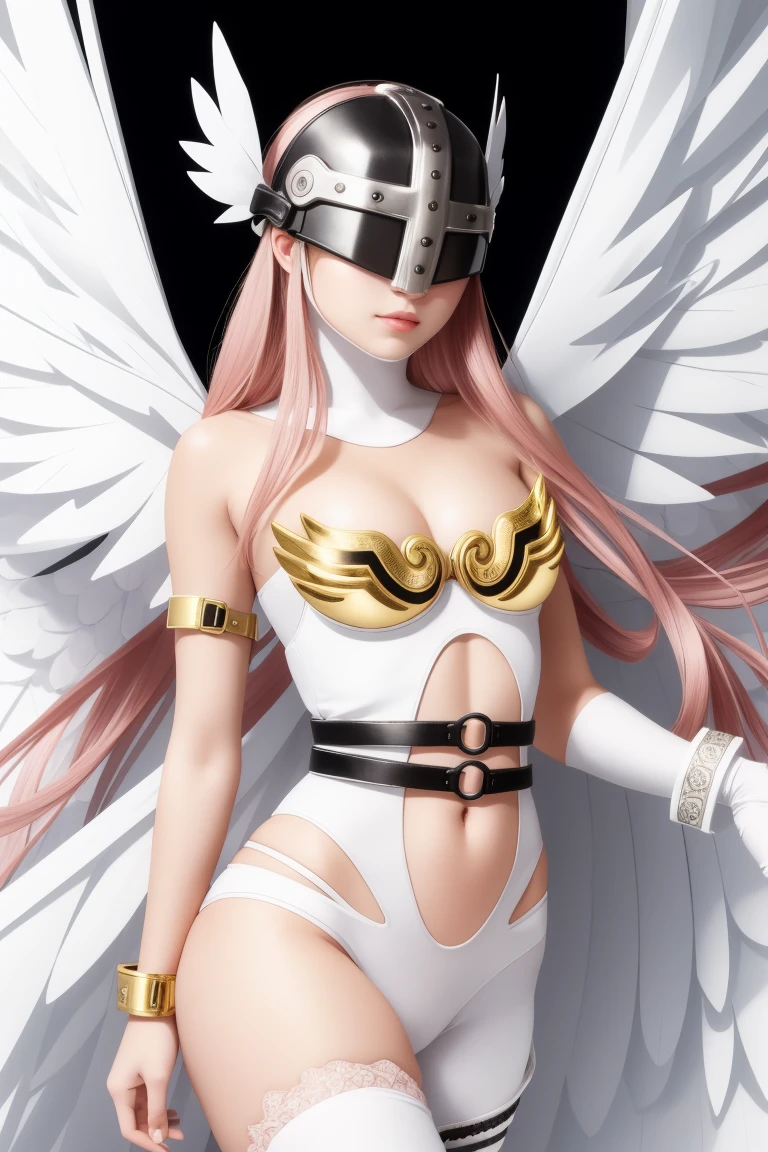 best quality, intricate details,
1girl,  Angewomon, winged helmet, helmet over eyes, helmet on, covered eyes,white multiple wings, white wings, pink hagoromo, single glove, strapless,white bodysuit, gold strapless bra, black belt, two belts