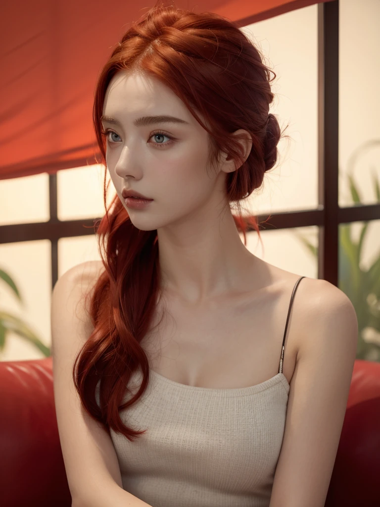 ( masterpiece, top quality, best quality,8k, girl,ultra detailed,raw photo:1.5),(photorealistic:1.4), ( chignon , red hair:1.5), (cinematic lighting), PerfectNwsjMajic, , Surrealism, UHD, ccurate, Super detail, textured skin, High detail, Best quality, dynamic angle, White skin,[Beautiful blue eyes], high nose,[flat chest:large breasts:0.5],(1girl),(good anatomy:0.5)),(outside), jewelry 