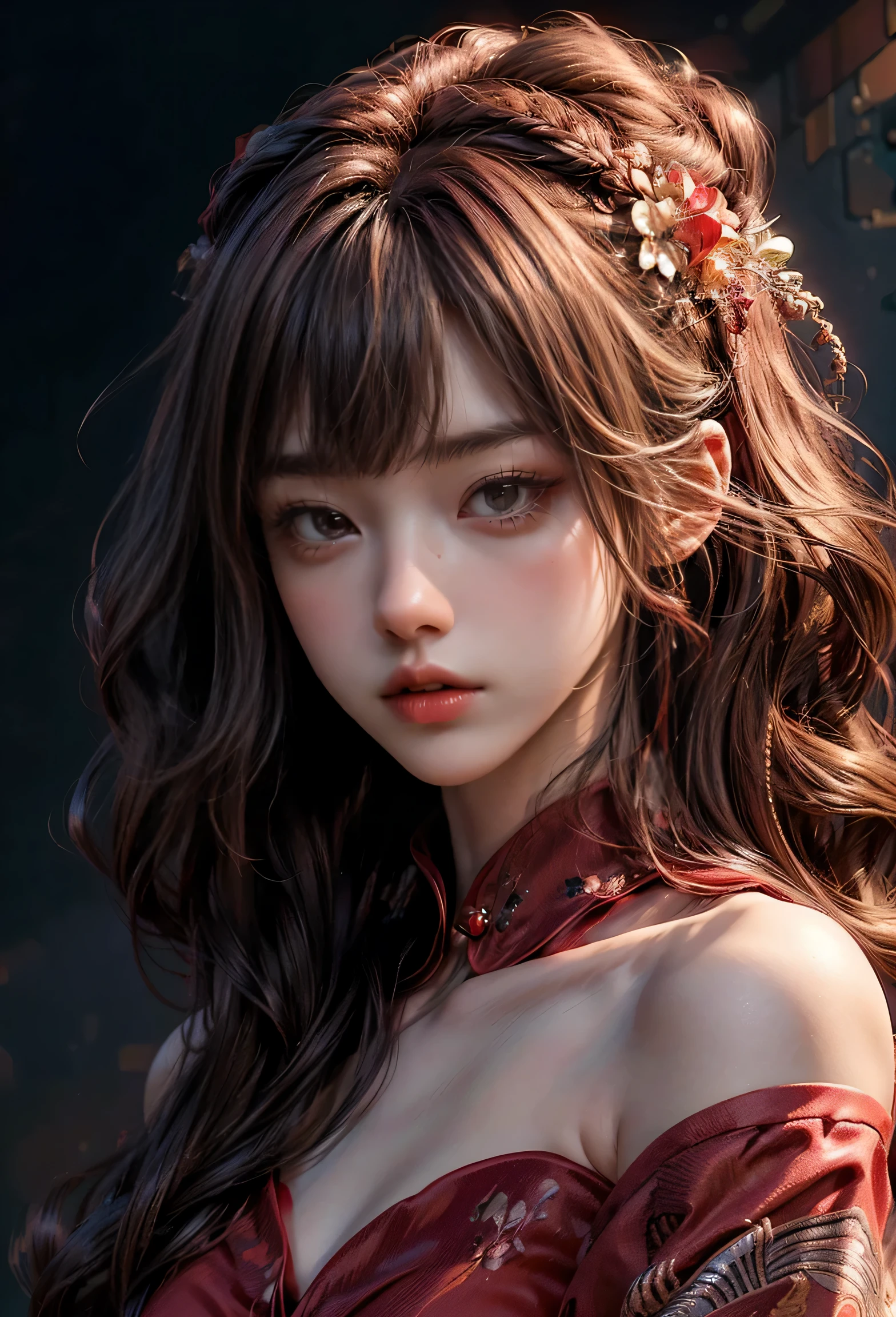 (masterpiece),(best quality:1.0), (ultra highres:1.0), detailed illustration, 8k, anime, 1girl, beautiful anime girl, wearing a red dress, flower crown, pretty face, detailed face, beautiful eyes, detailed eyes, dark red eyes, bright red lips, red lipstick, beautiful stylish hair, highlights in hair, bangs anime style, best quality, vibrant