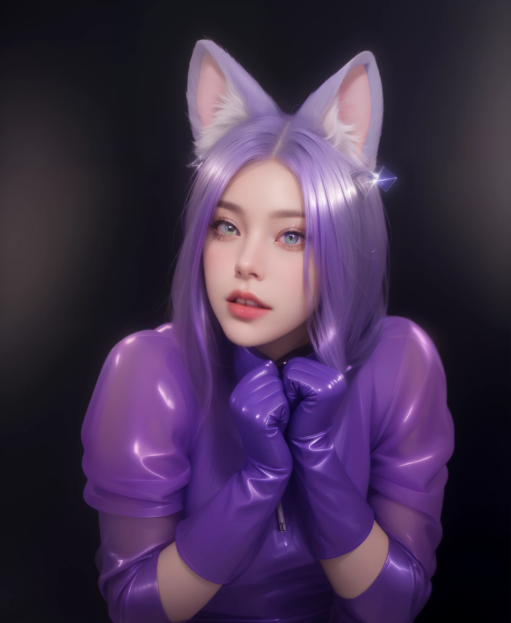 purple haired girl with purple gloves and a purple cat costume, purple cat, she is scared, headshot of young female furry, woman with cat ears, girl with cat ears, beautiful young catgirl, anime cosplay, purple metal ears, cosplay photo, glossy texture, smooth 3d model, multiple light sources, rim light, sharp post effects render, (glossy plastic texture with multiple big light probe refractions), perfect cgi, smooth silhouette, high intensity refraction, (super glossy material), most beautiful vfx, blue background, plastic refractions, realistic, 4k, high resolution, rim light, photo shoot, commercial photo, profile shot, 4k, rim light, high resolution, 4k, glossy texture, smooth 3d model, multiple light sources, rim light, sharp post effects render, (glossy metallic texture with multiple big light probe refractions), perfect cgi, cgi art created only with gradients, smooth silhouette, high intensity refraction, (super glossy chrome material), most beautiful vfx, blue background, chrome metal refractions, multiple light sources, rim light, sharp post effects render, perfect cgi, digital art, detailed digital art, reflective, best quality, 4k, masterpiece:1.2, ultra-detailed, realistic, vivid colors, dark and moody lighting, The image of the highest quality, ensuring every detail showcased perfectly. It in 4k resolution, allowing viewers to immerse themselves in the richness of the colors and intricate details. The realistic rendering. under the spotlight, reflecting, high-resolution image, realistic rendering, dark background, and rim light photorealistic