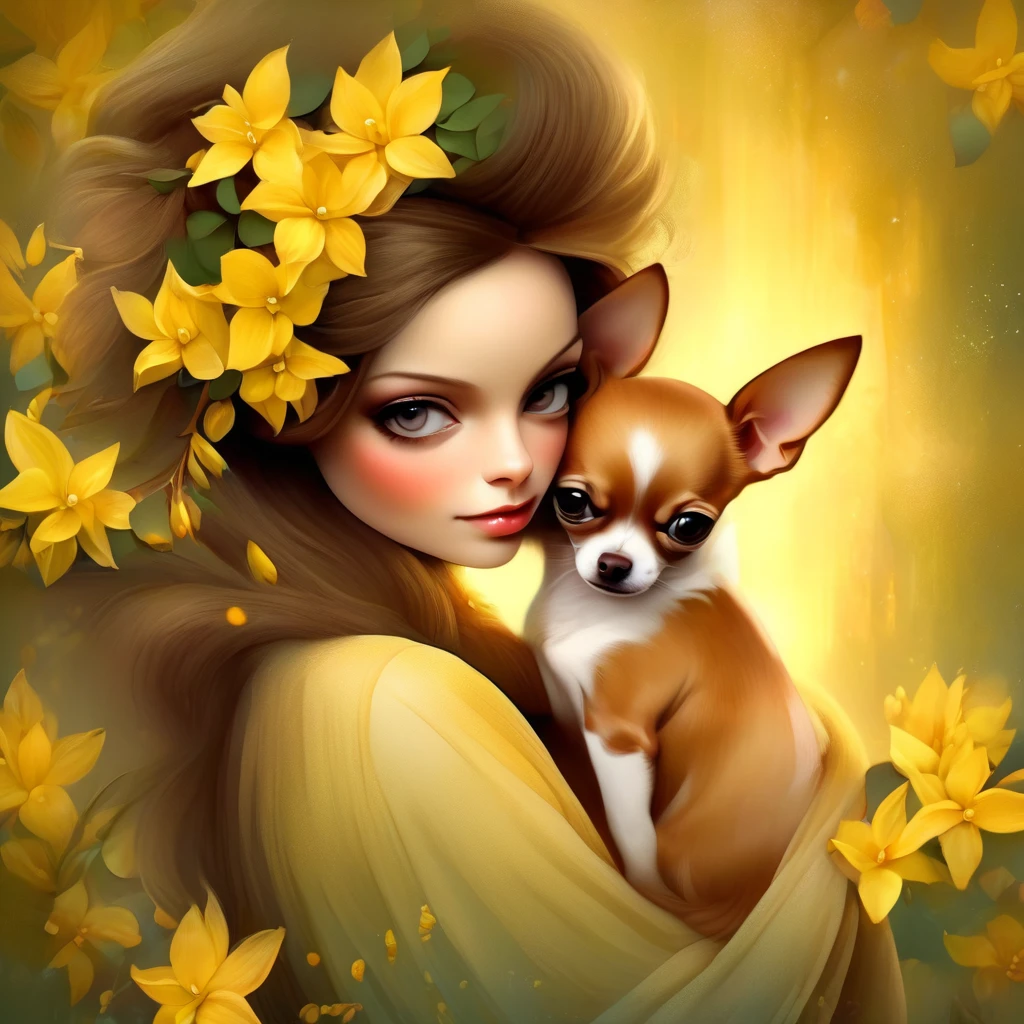 long hair、A woman with forsythia flowers in her hair holds a small chihuahua in her arms, background number 28,beautiful digital illustrations, Beautiful artwork illustration, amazing digital illustrations, beautiful digital artwork, Works that influenced Anna Dittmann, amazing digital art, exquisite digital illustration, In the style of Anna Dittmann, beautiful digital art, beautiful amazing digital art, very beautiful digital art, beautiful fantasy art