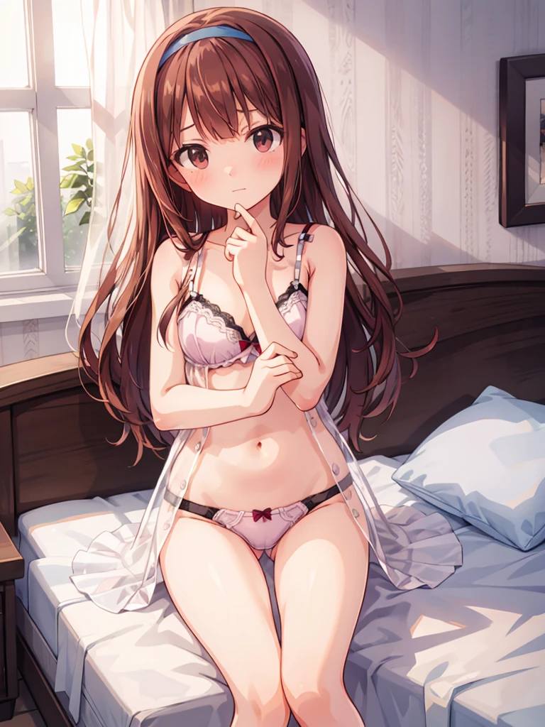 masterpiece, beautiful illustrations, highest quality, pretty girl, 1girl, Bedroom, pastel colour, (two-separated lingerie), cute lingerie, reddish brown long hair, headband, bright lighting, presenting, looking at viewer, on bed, embarrassed