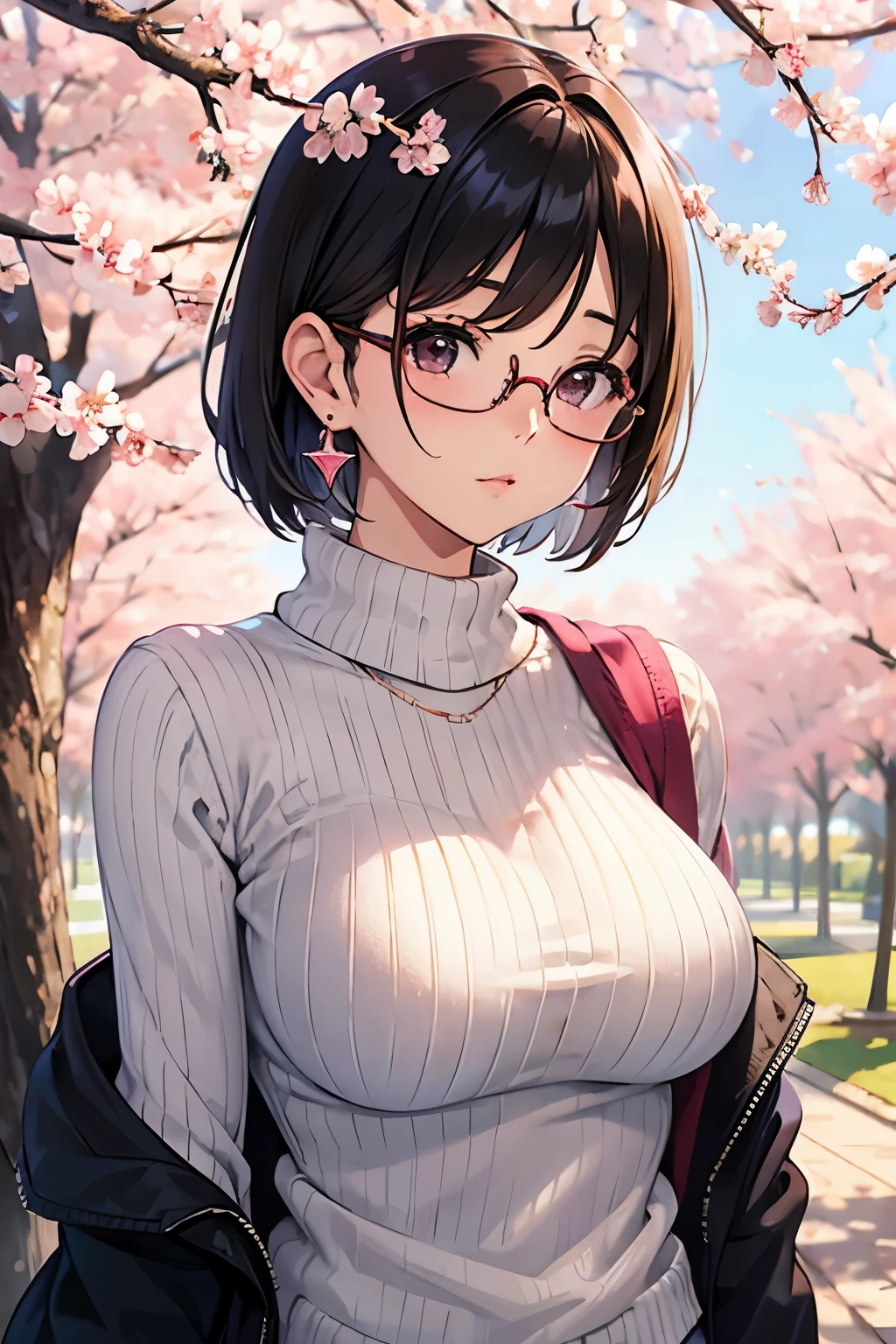 Cherry blossom viewing　Female college student、Beauty、Glasses、short hair、earrings、innocent look、cute、big breasts、tight knitwear、Upper body