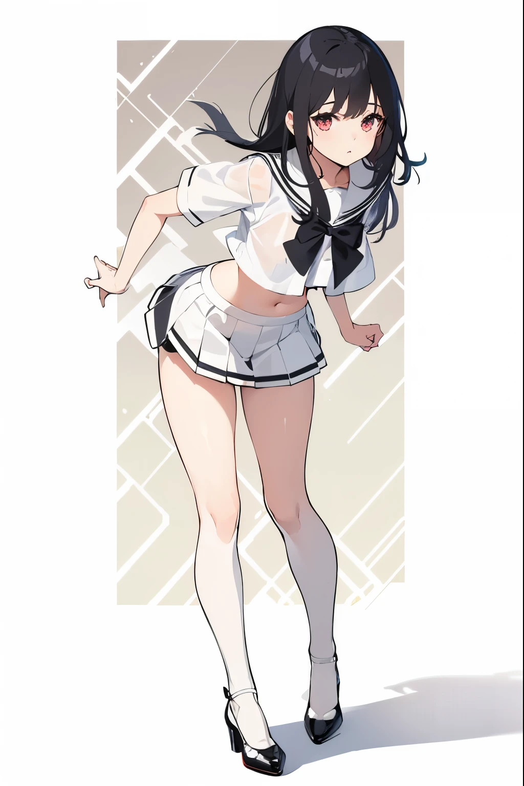 （Blouses of white color），（black mini skirt），（Black transparent stockings），adorable，I&#39;m shy，hair，red bow tie，long legs，（Background blue），（black panties），open the navel，I'm wearing shoes，（standing on one&#39;s own feet），（sailor suit）