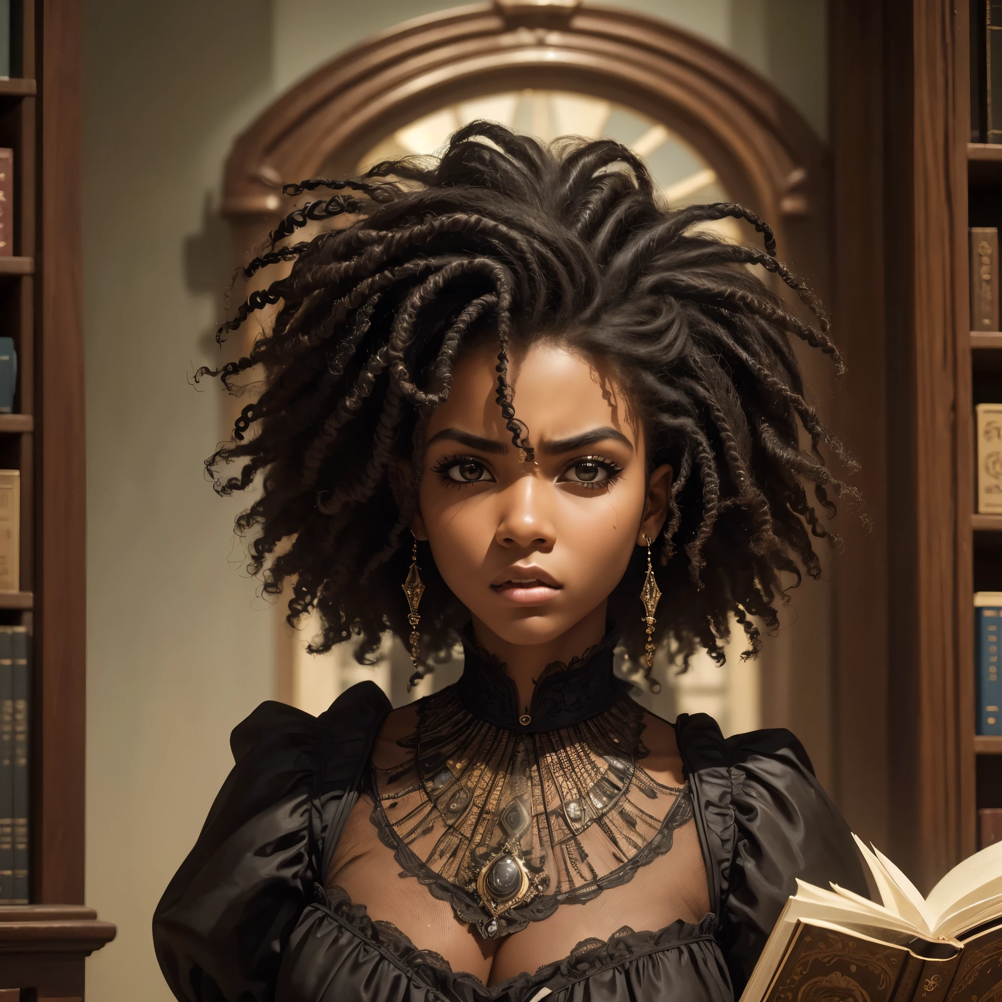 foto de retrato digital detalhado de TinaKunakey, cabelo afro enorme grande preso, mulher bonita, morena penteado para cima preso , sentada no bar lendo livro (obra-prima) (melhor qualidade) (detalhado) (8k) (HDR) (papel de parede) (cinematic lighthing) (foco nítido) (intrincado