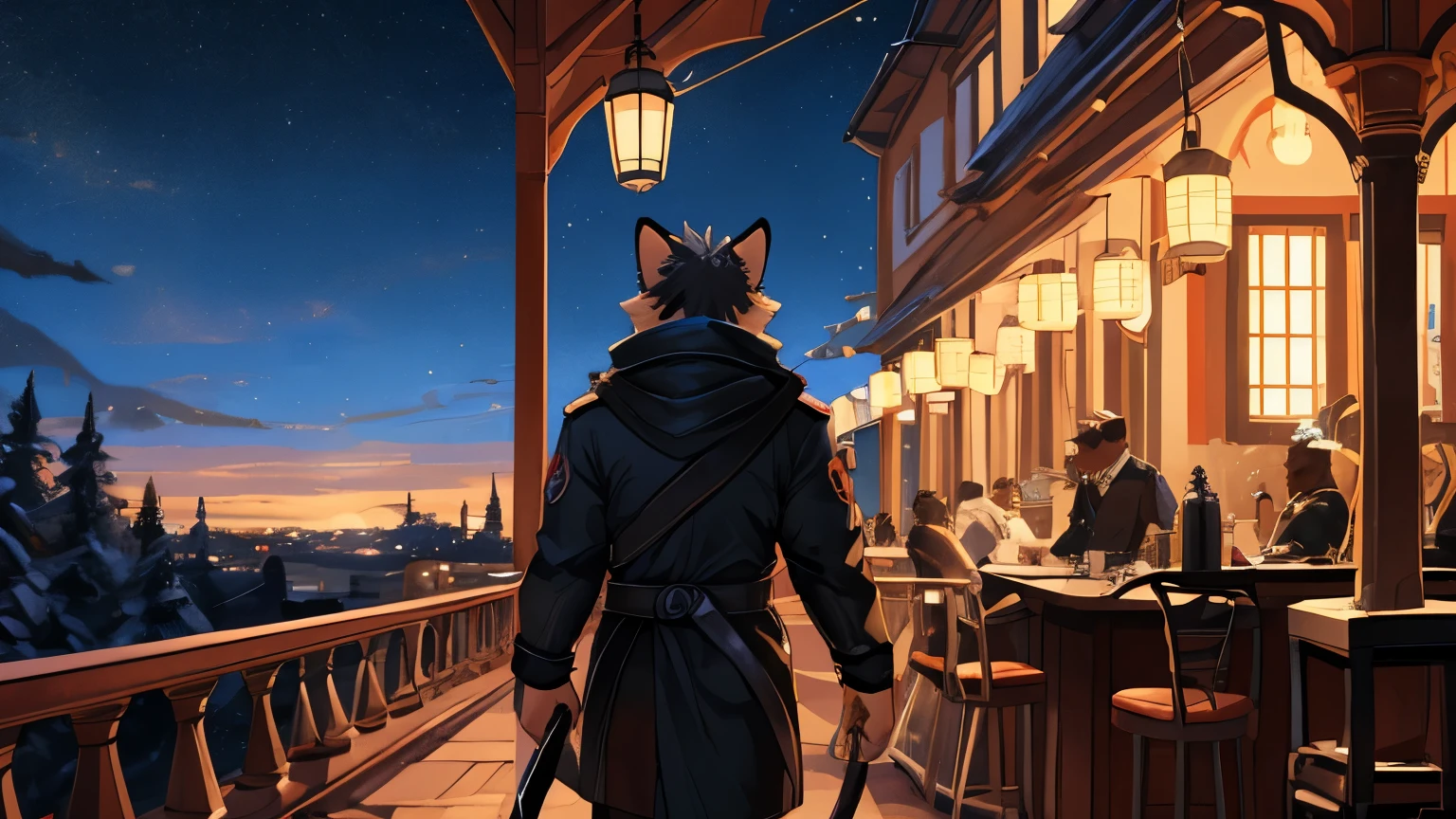 SOLO, An anthropomorphic red fox, realistic fur, wearing a black tuxedo, large fluffy tail, walking away, back, Best quality, detailed. Un ambiente de una terraza de un cafe, Una noche oscura con una luna grande y brillante, un clima PRIMAVERAL Nocturno