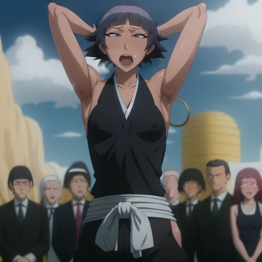 ( Animation screenshots:1.1),(best quality), (Super detailed), outdoor, Nipples exposed, 1 female,coquettish, sexy, charming, alone, black hair, side breasts,japanese clothing, - Hip vents, small breasts, No eyeballs, Also available in black, facing the audience, looking at the audience, tired, from below, (露armpit:1.1), ((armpit:1.2)), sexy的, Sweat dripping, More and more sweat,(ahegao), (Roll your eyes), naughty face, blush, open mouth, Sticking out tongue, saliva, Slobber,Runny nose,skinny, raise arms, (arms above head:1.5)